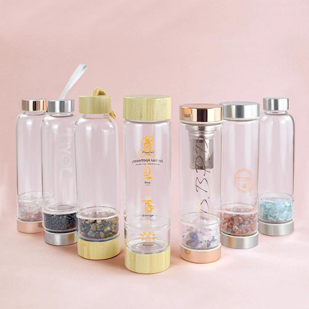 Factory Price Healing Natural Rose Quartz Gemstone Infused Crystal Water Bottle for Yoga Meditation