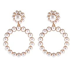 Low MOQ Women Round Pendant Drop Earrings Statement Circle Pearl Earring