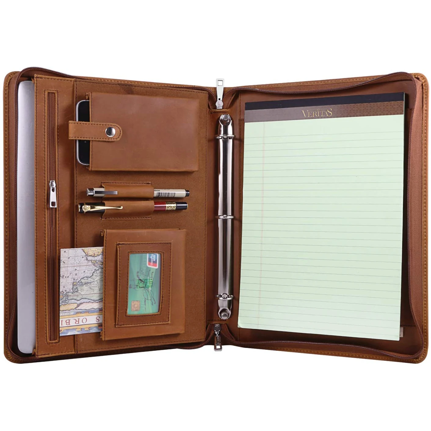 Professional Leather Business Padfolio Portfolio Case, 3 Ring Binder,Zippered Business Document Organizer Tablet Holder Folder C