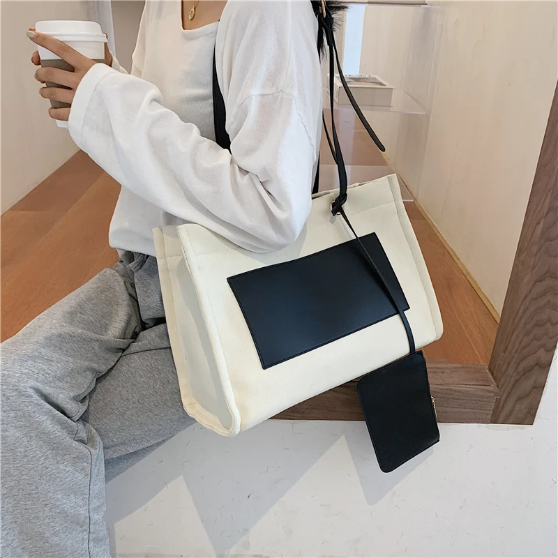 
STABILE new arrive women tote canvas bag high quality tote bag leather handle with PU change pocket 