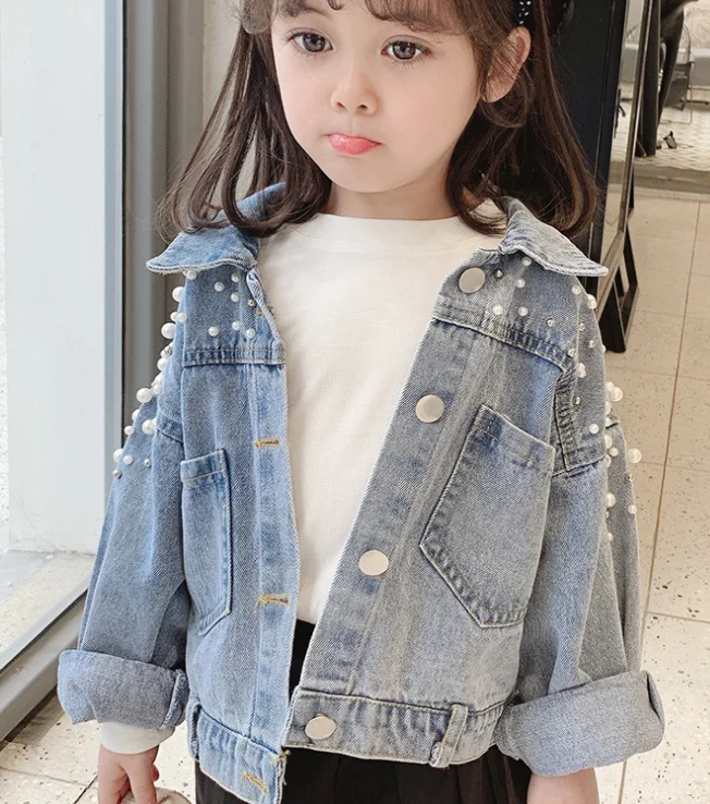 cy10849a 2021 New Spring Autumn Clothes Baby Girls Denim Outerwear Korean Version Trend Beaded Jean Jacket For Kids