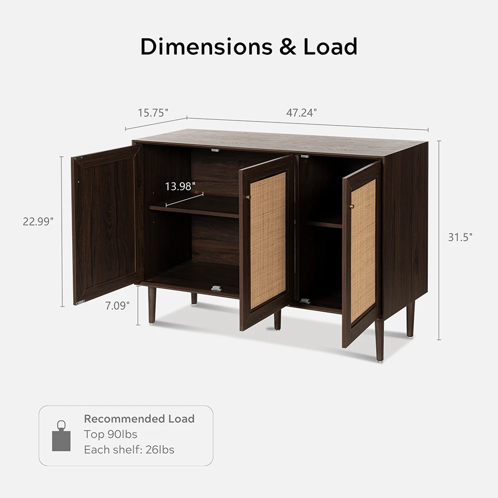 Adjustable Shelf Large Capacity Kitchen Cupboards Solid Wood Walnut Three-Door Storage Rattan Cabinet With Beech-Rattan Door