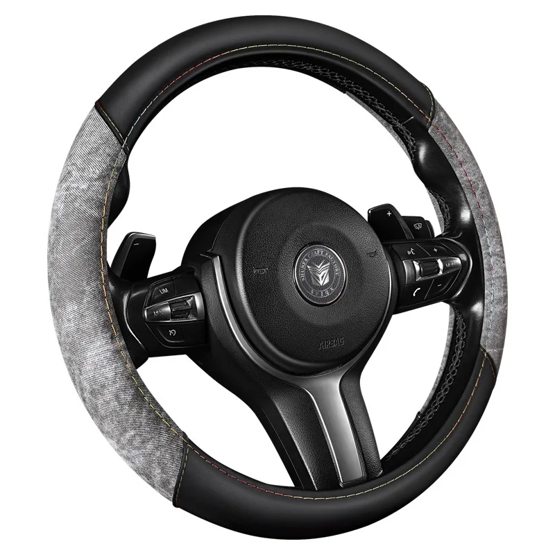 New Design Car Steering Wheel Cover Interior Universal Wear-resistant Denim Style Leather Patchwork Car Steering Wheel Cover