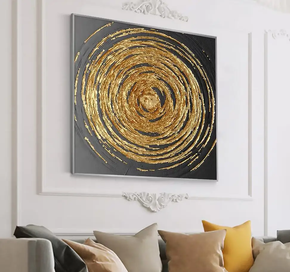 Large Golden Circle Oil Painting on Canvas Abstract Original Minimalist Gold Leaf Texture Acrylic Painting Living Room Wall Art