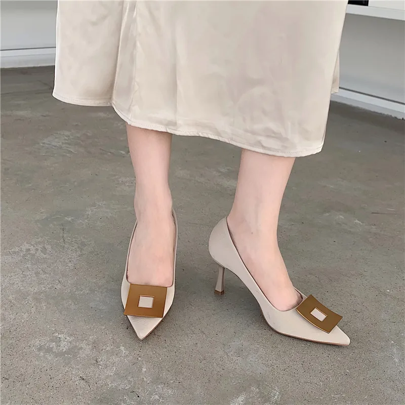 35-39# 2022 Spring New Arrivals luxury designer high heel shoes Office lady Metal square Pumps high quality Women Dress shoes