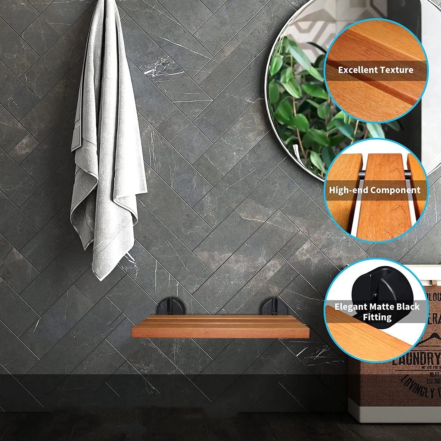 Teak Folding Wall Mounted Shower Seat for Small Shower Space with Matte Black Fitting