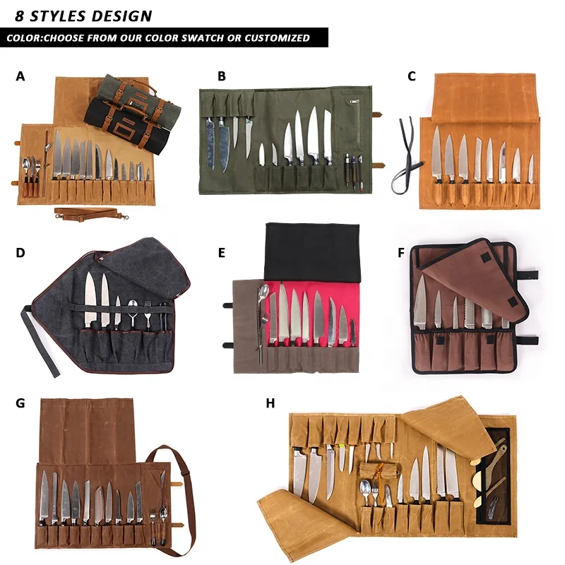 CHANGRONG Custom Heavy Duty Brown Waxed Canvas Leather Chef Knife Roll Up Bag