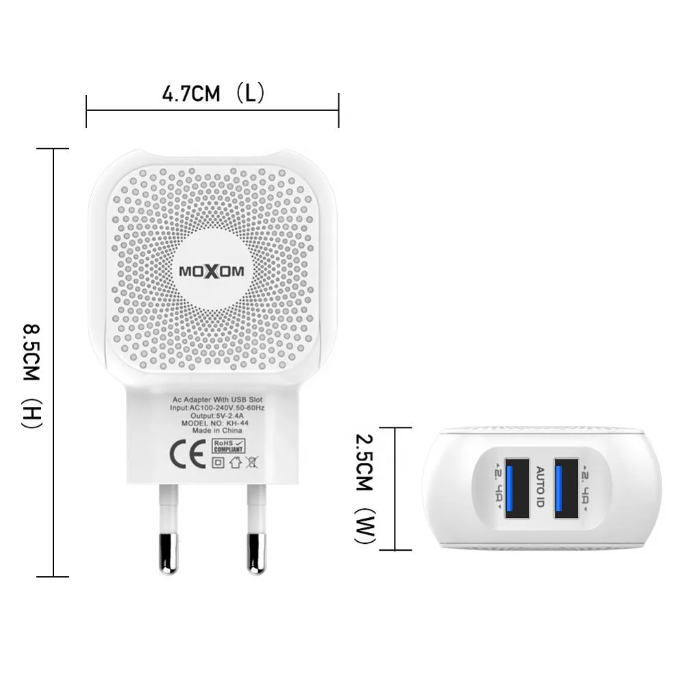 MOXOM Dual USB Charger EU Plug Travel Adapter With Cable for iPhone Charger