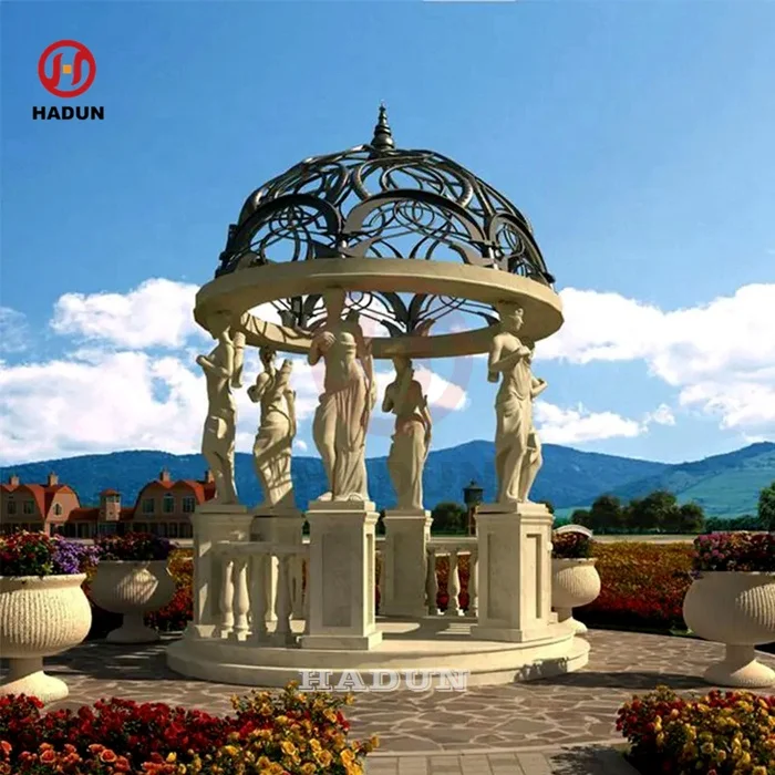 Outdoor Garden Beige Sandstone Marble Gazebo with Iron Roof