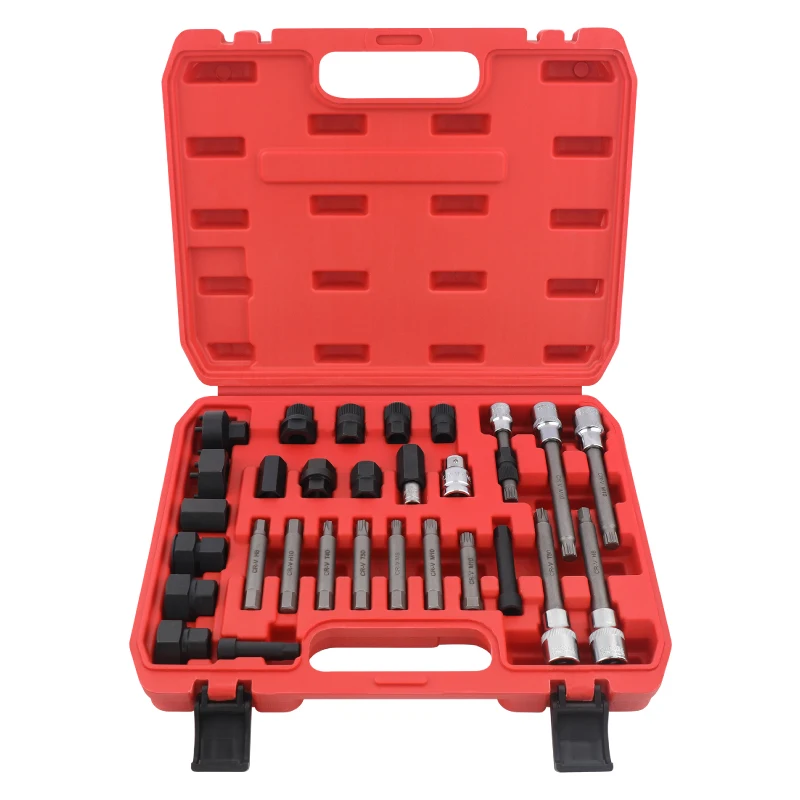 30pc Alrernator Generator Pulley Removal Tool Kit Set Includes 1/4, 3/8 and 1/2 Bit Sockets and Driver Bits