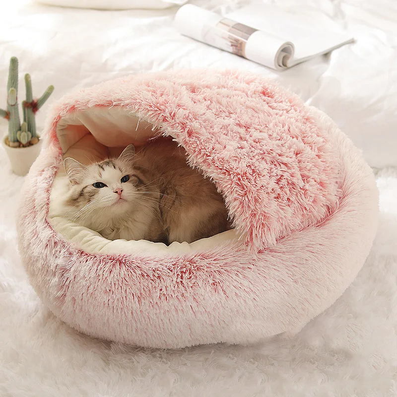 New Design luxury dog bed wholesale washable luxury large cat pet dog bed Plush Warm Round Half Pack Cat Nest Deep Sleep