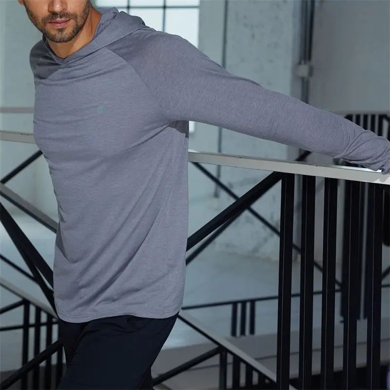 2023 Sportswear nylon spandex men running clothes gym lightweight sports elastic long sleeve t shirts with hood