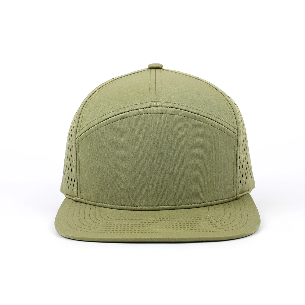 Oem Cheap Custom 5 Panel Men Blank Green Polyester Quick Dry Laser Cut Hat Breathable Perforated Hole Hat Flat Brim Snapback Cap