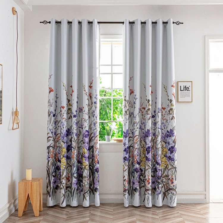 Factory Manufacture 3d Digital Printing Purple Orchid Floral Blackout Ring Curtains High Shading Window Curtains For Bedroom