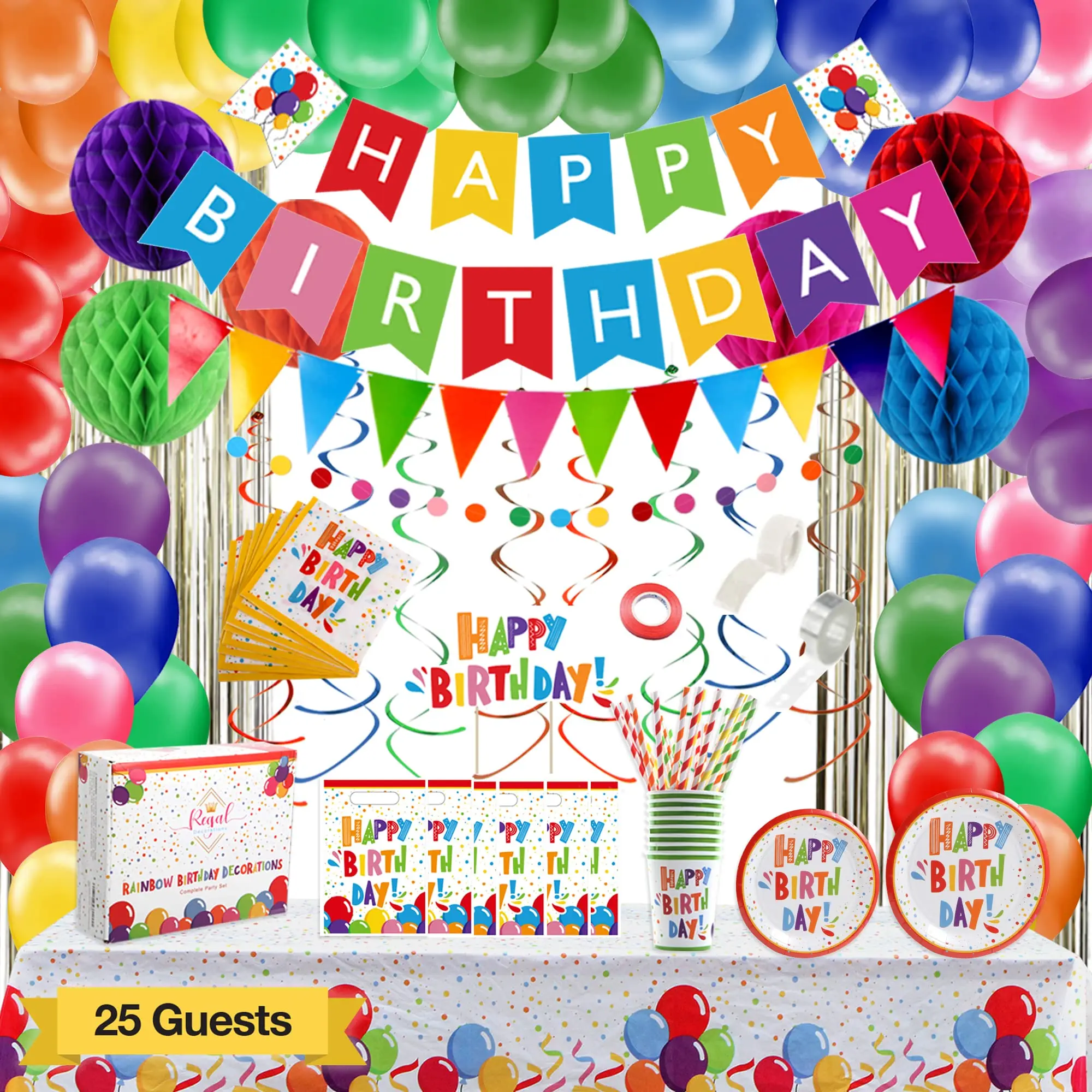 Birthday Party Decorations Banner Balloons Foil Curtains Tablecloth Swirl Honeycomb Cake Topper Plates Cups Napkins Straws