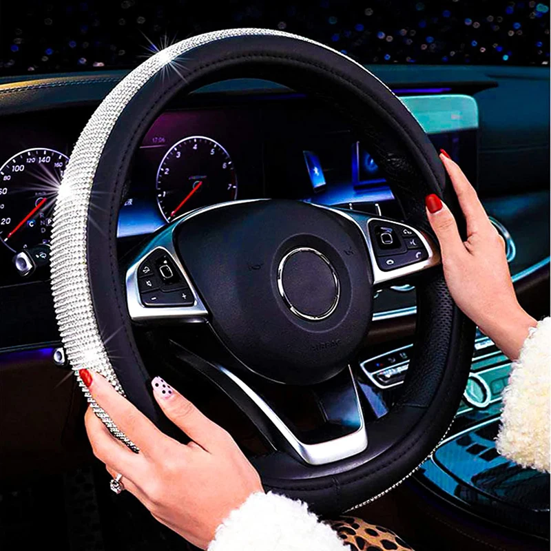 New Diamond Leather Steering Wheel Cover with Bling Bling Crystal Rhinestones Universal  Car Wheel Protector