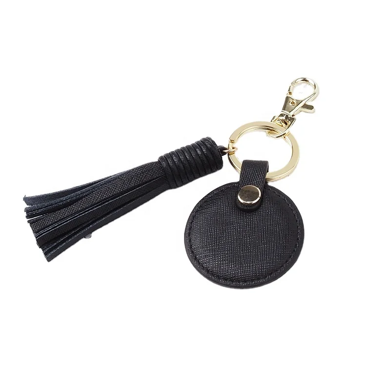 Black Saffiano Leather Circle Round Shape Keyring, Personalised Rose Gold Keychain With Tassel