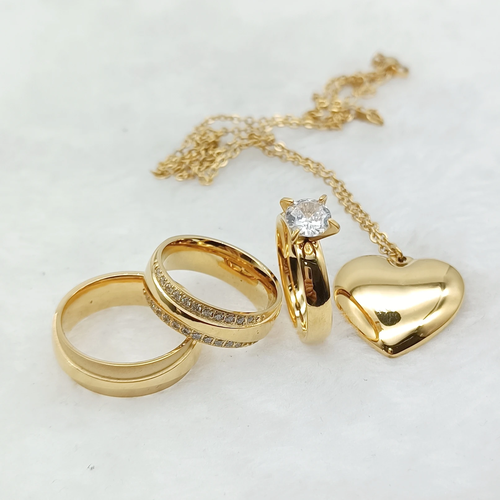 Stainless Steel Engagement Ring 1 Carat Cz Diamond Ring Dubai Jewelry Sets 18k Gold Plated Wedding Couples Jewelry Pendant