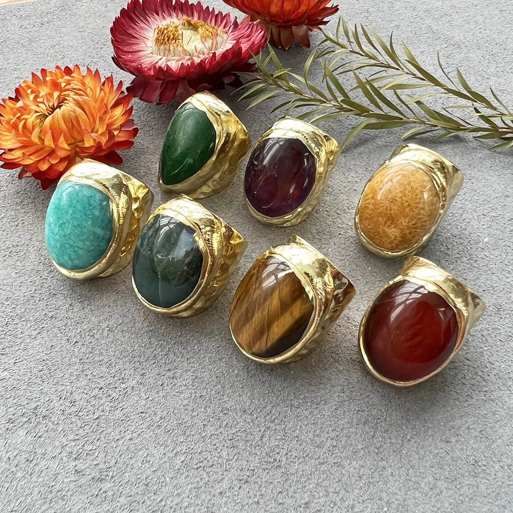Unisex Jewelry Green Chalcedony Fashion Ring Red Agate Natural Amethyst Tigers Eye Gold Plated Wholesale Band Rings Adjustable