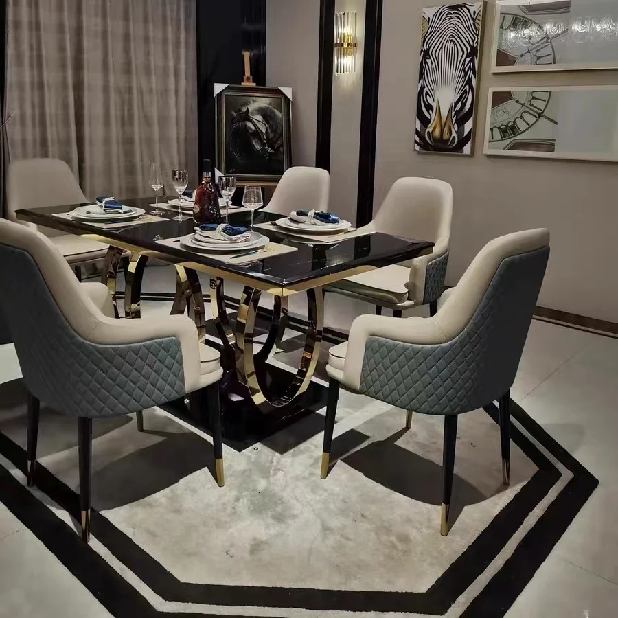 Fashion Modern Stainless Steel Dining Table With Marble Top Hot Selling Customized Dining Room Furniture