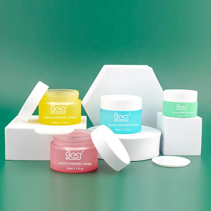 Cosmetic Cream Container Jar Round Eye Face Care Glass 50ml 30ml Green Blue Yellow Pink with White Lid Cosmetic Packaging CN;SHG