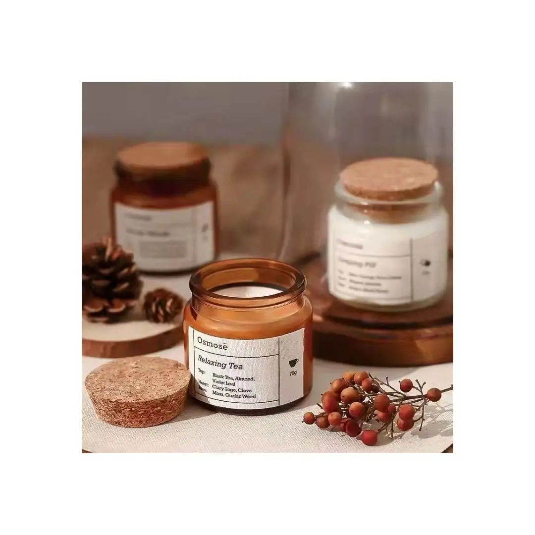 Wholesale Luxury Mini small 100ml glass scented candle cup candlestick amber transparent candle jar with wooden stopper