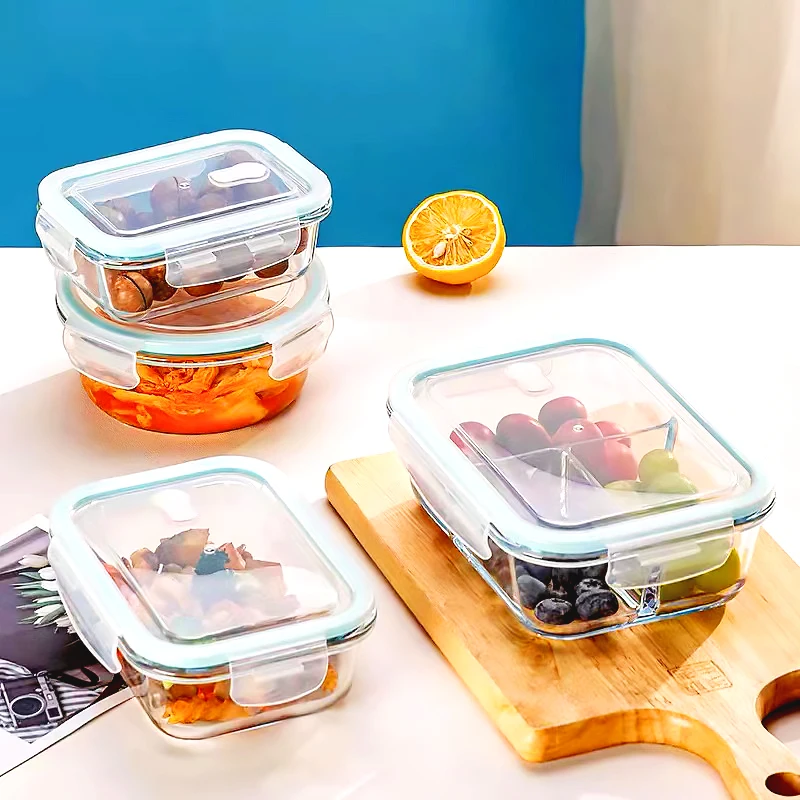 400Ml 950Ml 1050Ml 3 Compartment Microwave Oven Heating Lunch Box Food Borosilicate Glass Container With Plastic Lid