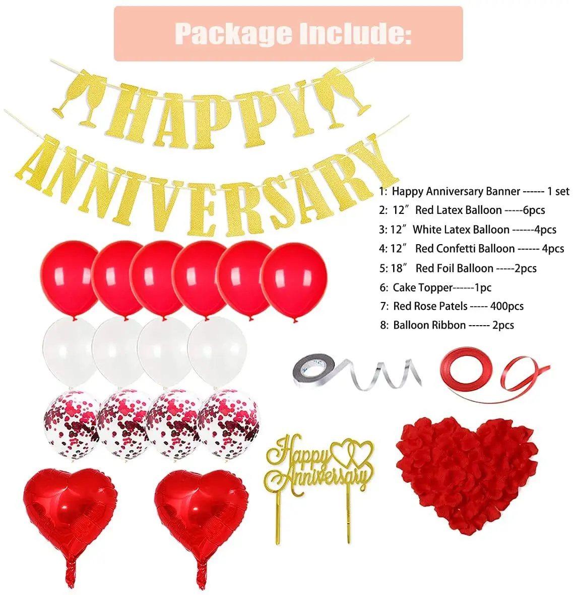 Happy Anniversary wedding balloon decoration set with banner cake topper foil heart shape red confetti balloons