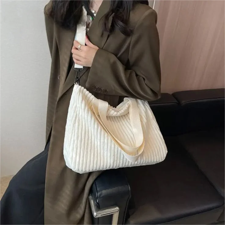 Solid Soft Large Capacity Corduroy Handbags for Women Winter Shoulder Side Bag Vintage Large Shopper Shopping Bags Zipper Totes