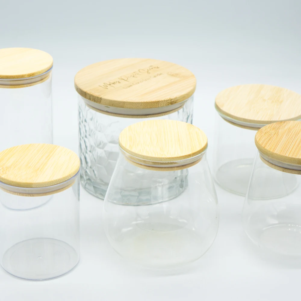 Borosilicate Bottle Glass Containers Cups Marson Jar Bamboo Covers Lids with Silicone Covers for Candle Jars