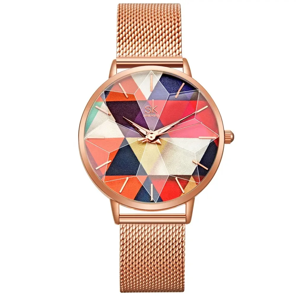 SHENGKE K0127L Fashion Female Quartz Watch Seven Color Watch Dial Design Luxury Women Wrist Colorful Wrist Watch Cutting Glasses