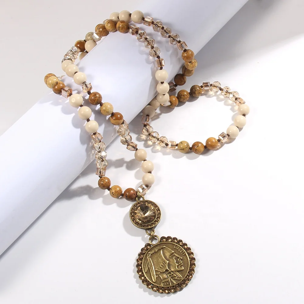 Tribal Jewelry Women Magnetic Natural Stone Necklace Knotted Crystal Links  Round Buffalo Pendant Necklace