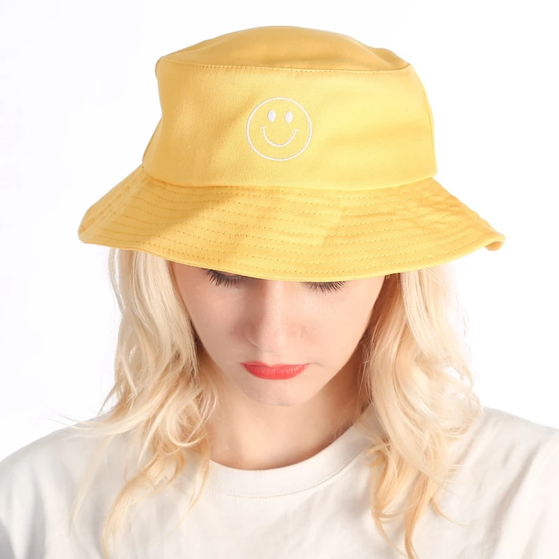 High Quality OEM Adult Womens Mens Blank Embroidery 100% Cotton Designer Plain Smile Face Fisherman Hat Custom Logo Bucket Cap