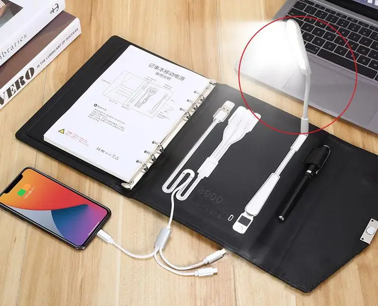 Multifunctional Business Notebook A4 Organizer with Fast Mobile Power Wireless Charging PVC Leather Cover for Gifts Diaries