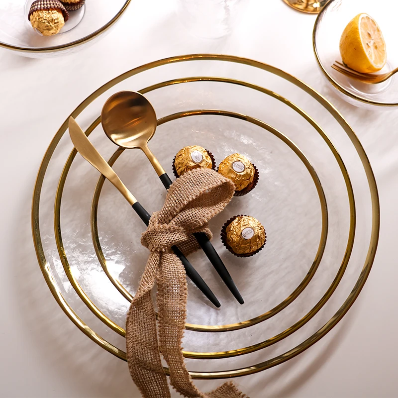New Arrivals In Stock Restaurant Hotel Party Tableware Gold Rim Hammered Texture Serving Glass Bowl Glass Dinner Plate