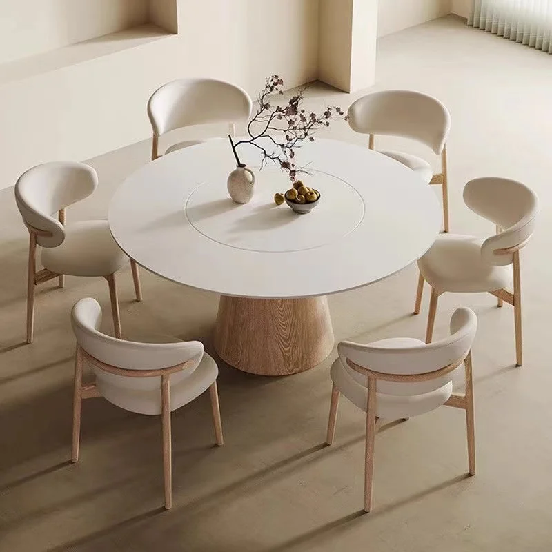 Round Rock Slab Dining Table Modern Simple Home Dining Dinner Table with Turntable Solid Wood Base Strong Load-Bearing Capacity