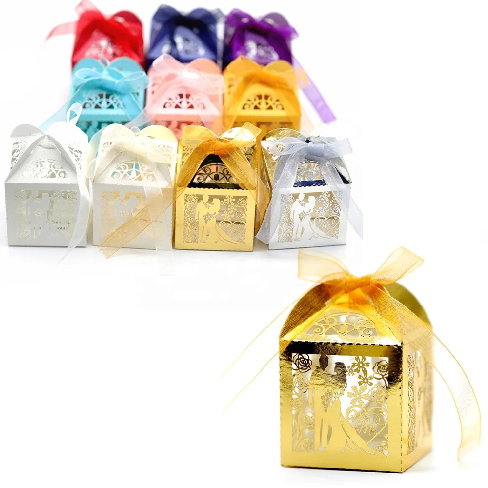 Bride Groom Hollow Ribbon Square Candy Chocolate Packaging Box for Wedding Baby Birthday Decor