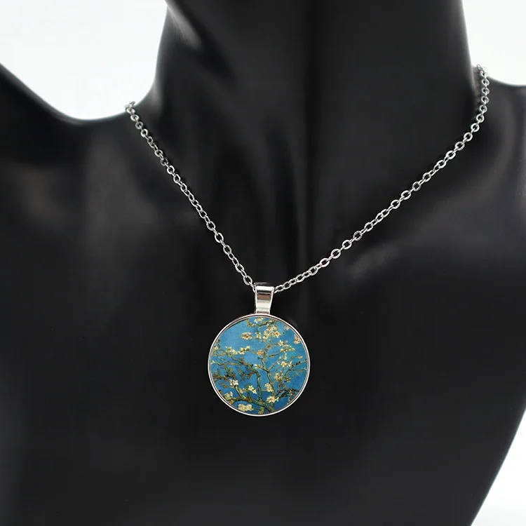 Alloy metal patent printing easily cleaning circular pendant flower oil painting pattern custom necklace