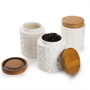 3 Pack Porcelain Food Storage Jars,Ceramic Cookie Small Canister With Bamboo Wood Lid And Label,Coffee Tea Sugar Containers