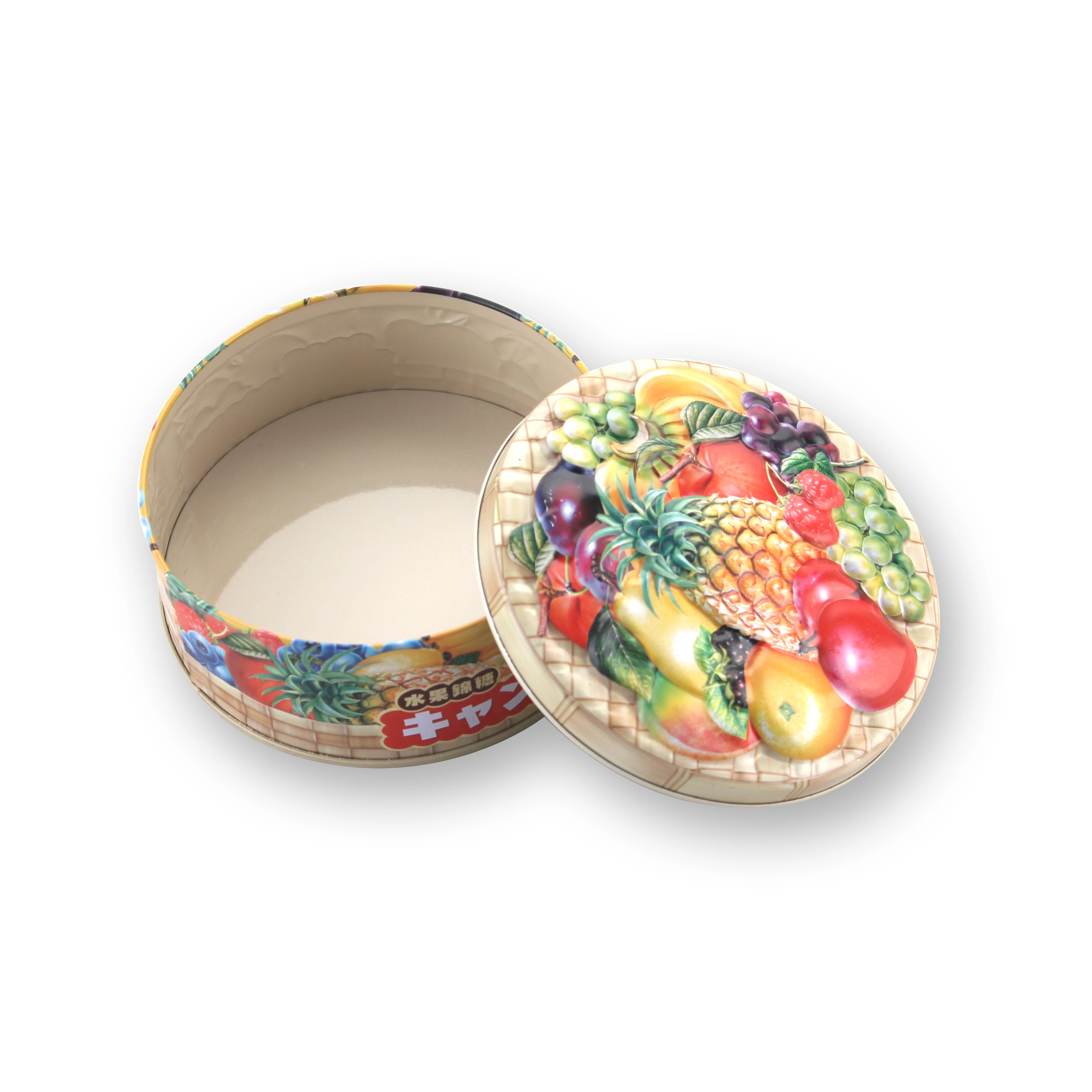 
T-Y009 OEM luxury round shape 3d printing fruit caps box candy special design tinplate box for food packing gift box 