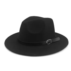 Fashion Solid Color Wide Brim Fedora Hats Belt Buckle Trilby Round Top Felt Fedoras for Vintage Ladies Kids