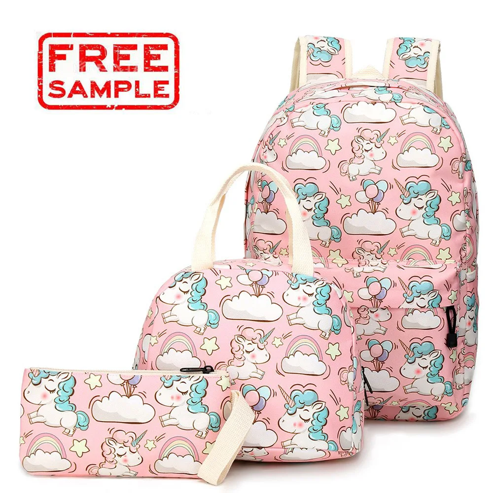 FREE SAMPLE kids travel School Backpacks Set Girls Unicorn Backpack with Lunch Bag and Pencil Case Kids 3 in 1 duffle pink bag