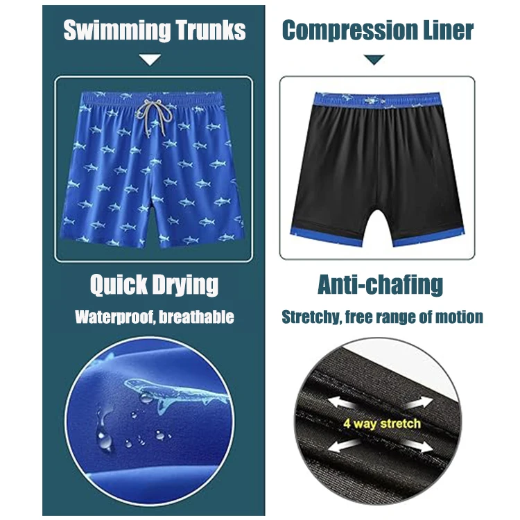 Custom Mens Swim Trunks Quick Dry Compression Liner Bathing Suit 5 Inch Board Shorts Casual Style featuring Pockets Decoration
