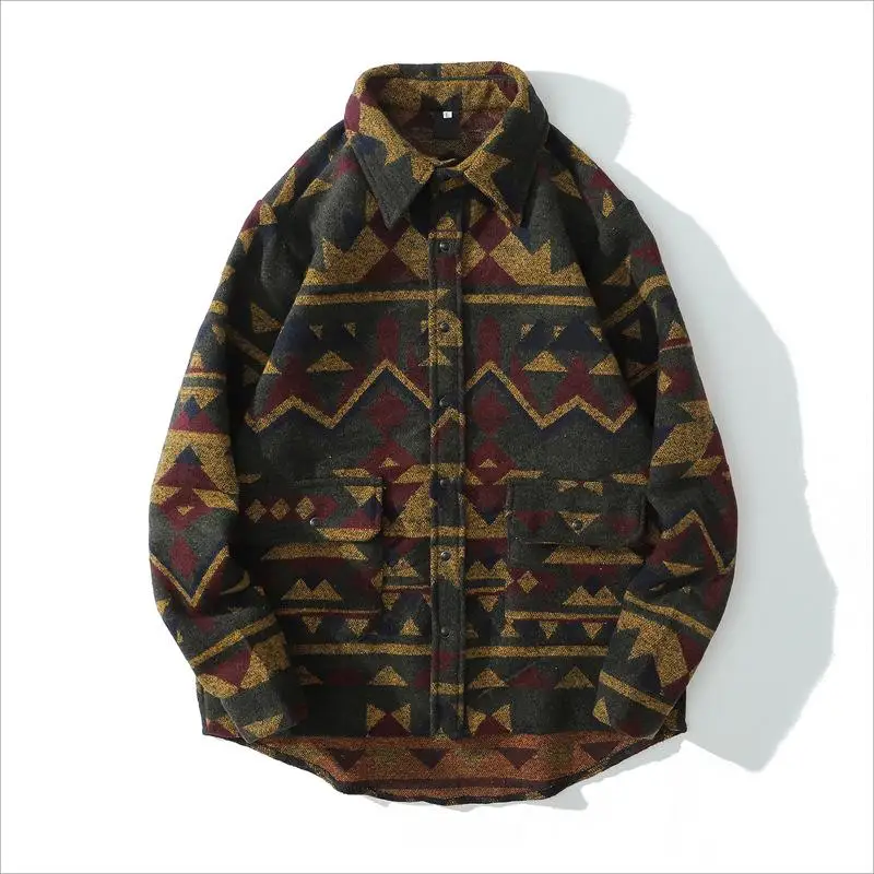 2023 Autumn and Winter Port Wind Loose Long-sleeved Day System Thickened Woolen Shirt Top Coat Men