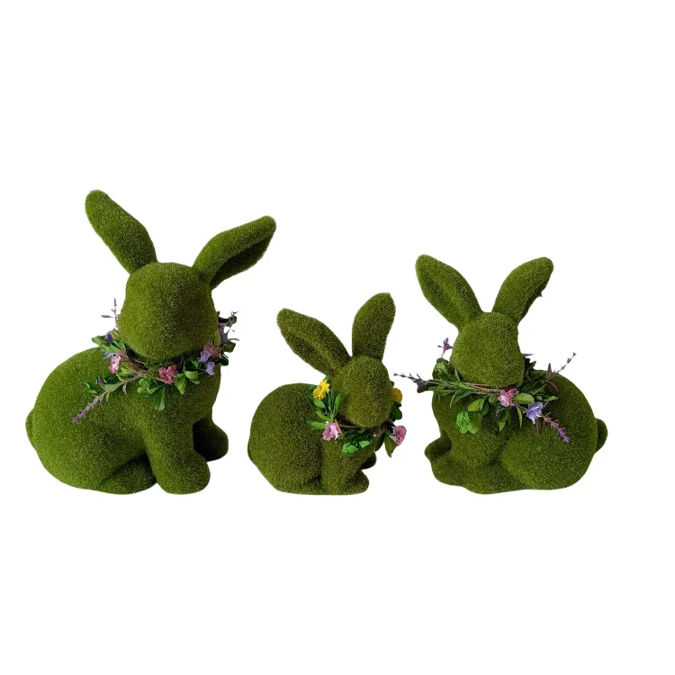 Wholesale Home Ornament Decorations Easter Green Flocking Grass Artificial Moss Bunny Decorative Faux Moss Covered Rabbits