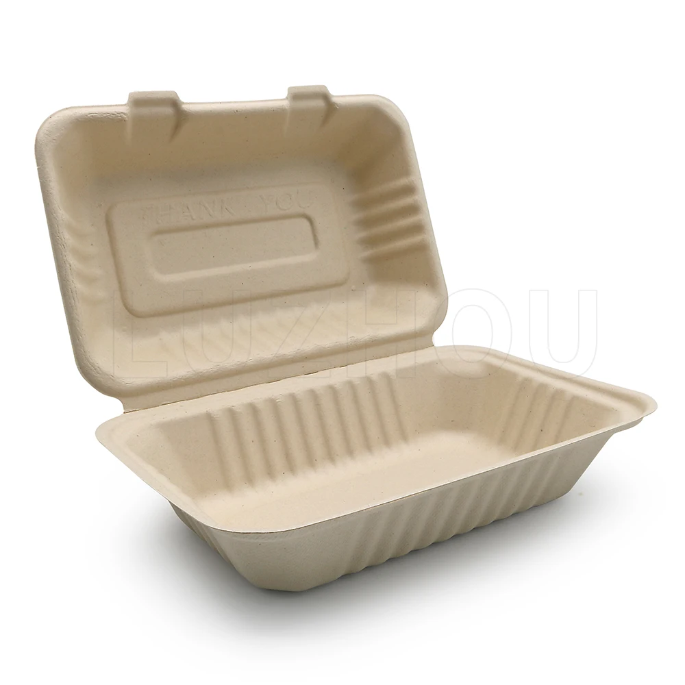 9*6*3 Bagasse Clamshell Takeout Food Containers Biodegradable to Go with Lids for Lunch