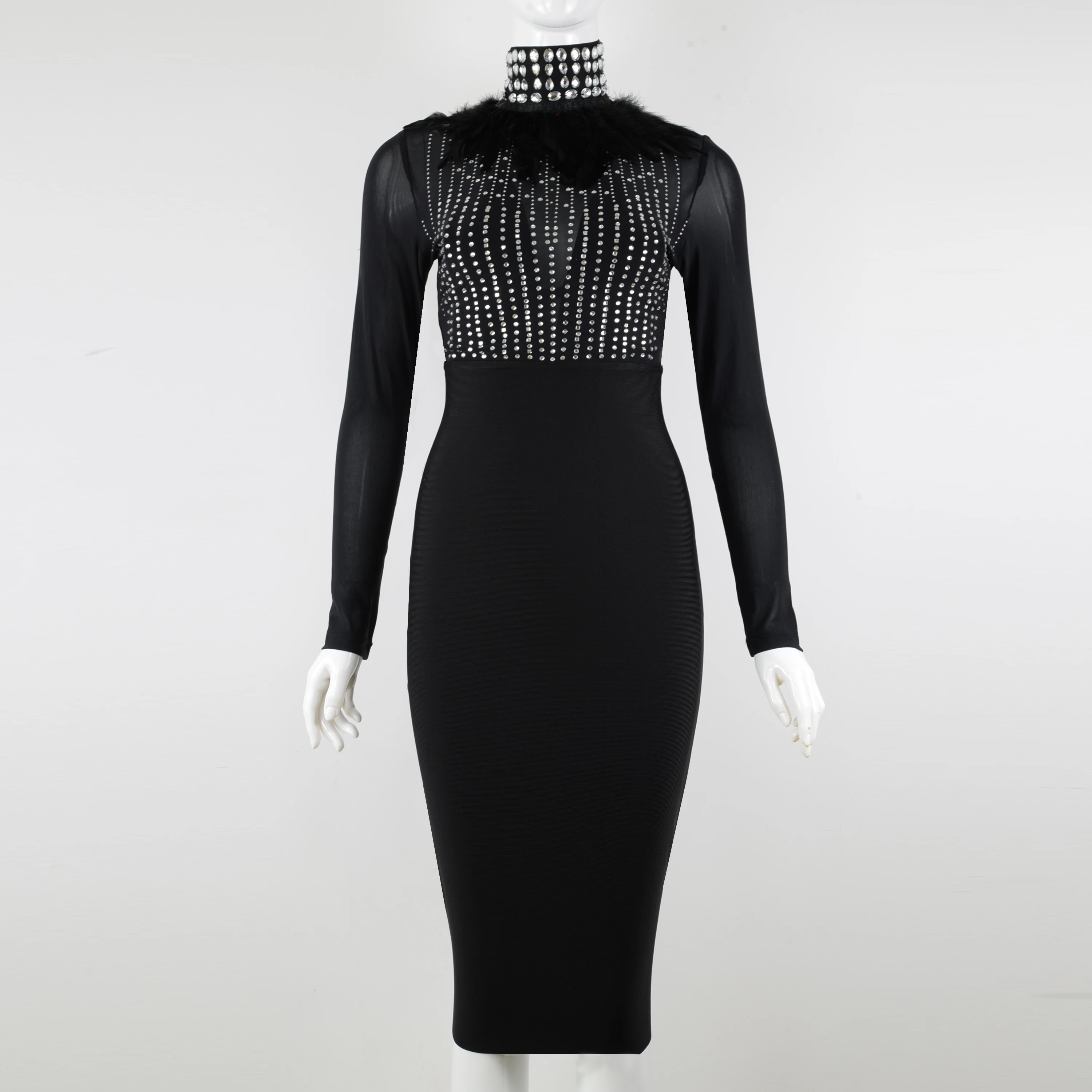 Модное Элегантное прозрачное вечернее женское платье со стразами и высоким воротником платье миди с длинным рукавом и перьями