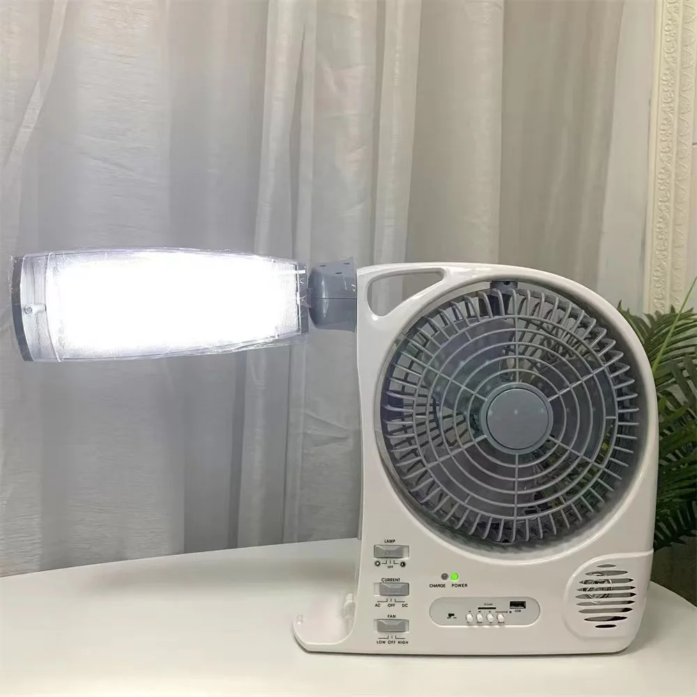 Wholesale Home Electric Portable Small Rechargeable Solar Fan with Battery and LED Light FM Radio Speaker Mini