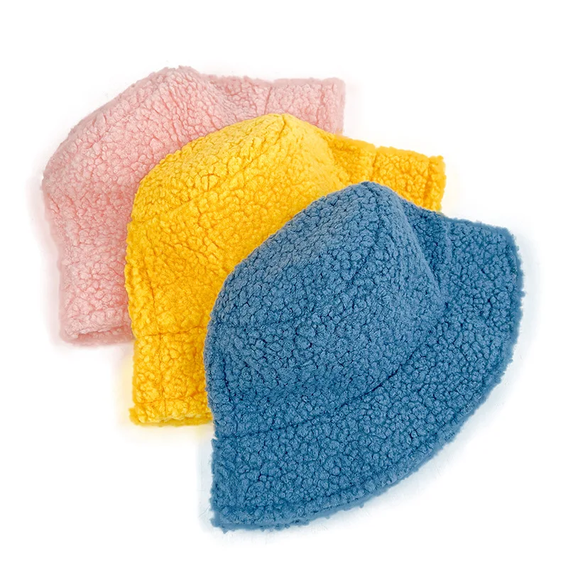 OEM Wholesale Bare board lambswool plush padded warm solid color outdoor sunscreen customized logo bucket Hat