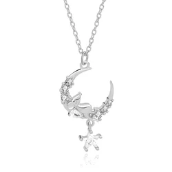 925 Sterling Silver Five Pointed Star Zircon Sleep Mouse Moon Necklace